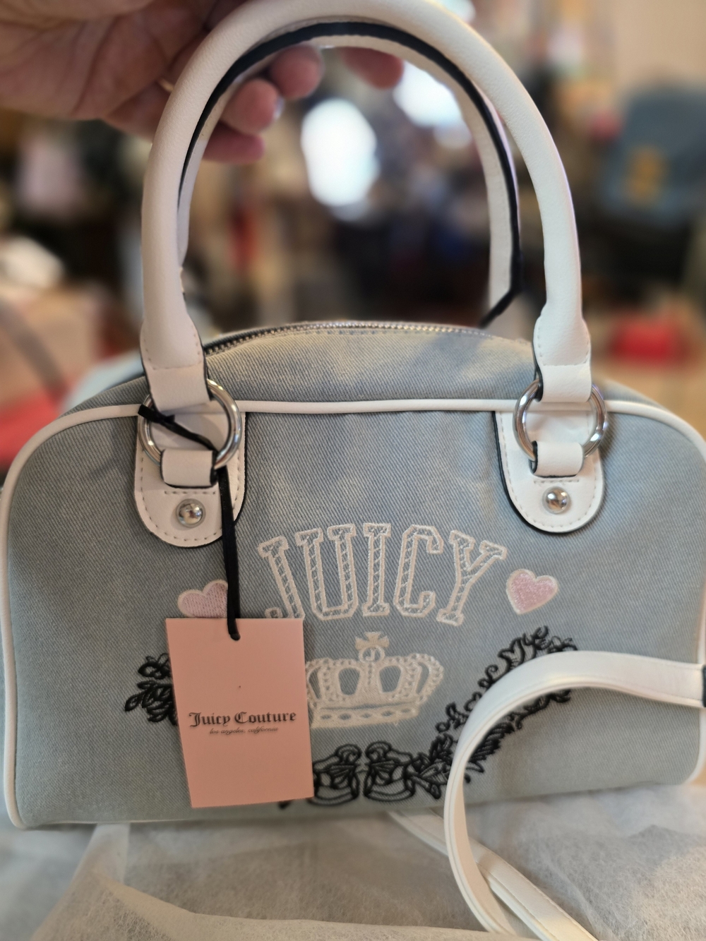 Juicy Couture Light Teal Canvas Satchel Crossbody NWT White Leather Trim 11x7.2